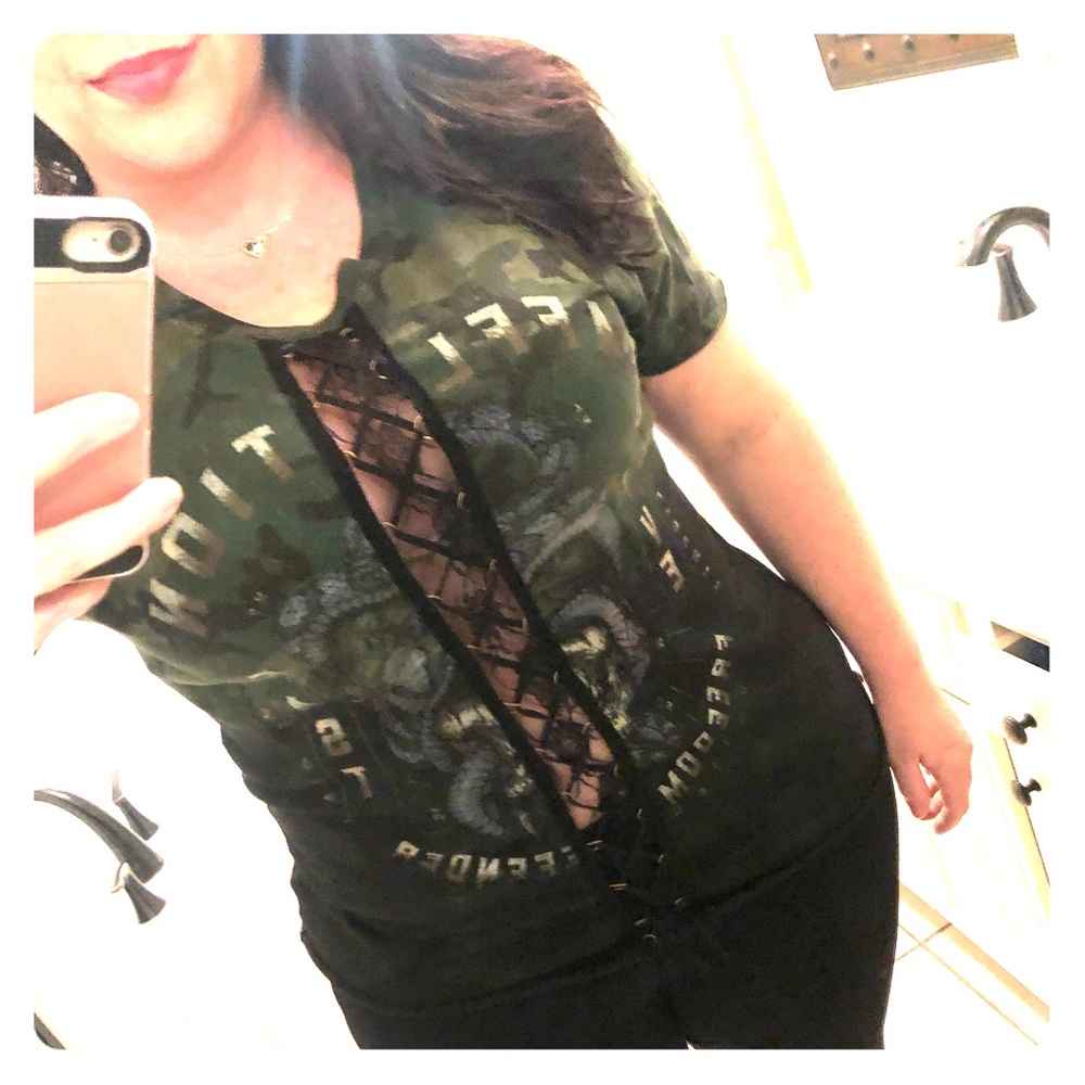 Woman’s Affliction sexy lace up camouflage shirt